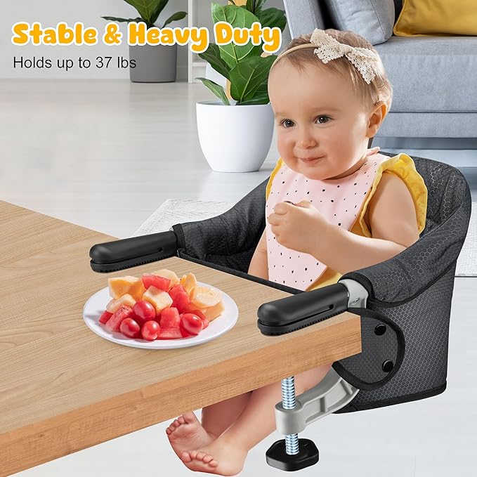 Hook On Chair, Safe and High Load Design, Fold-Flat Storage and Tight Fixing Clip on Table High Chair, Removable Seat Cushion, Attach to Fast Table Chair (Black)