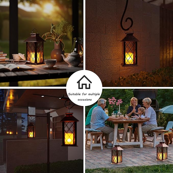Outdoor Solar Lanterns, Waterproof Hanging Lantern with LED Flickering Flameless Candle, 13'' Bronze Outdoor Solar Powered Lantern Decor for Porch Patio Garden Balcony Pathway, 1 Pack