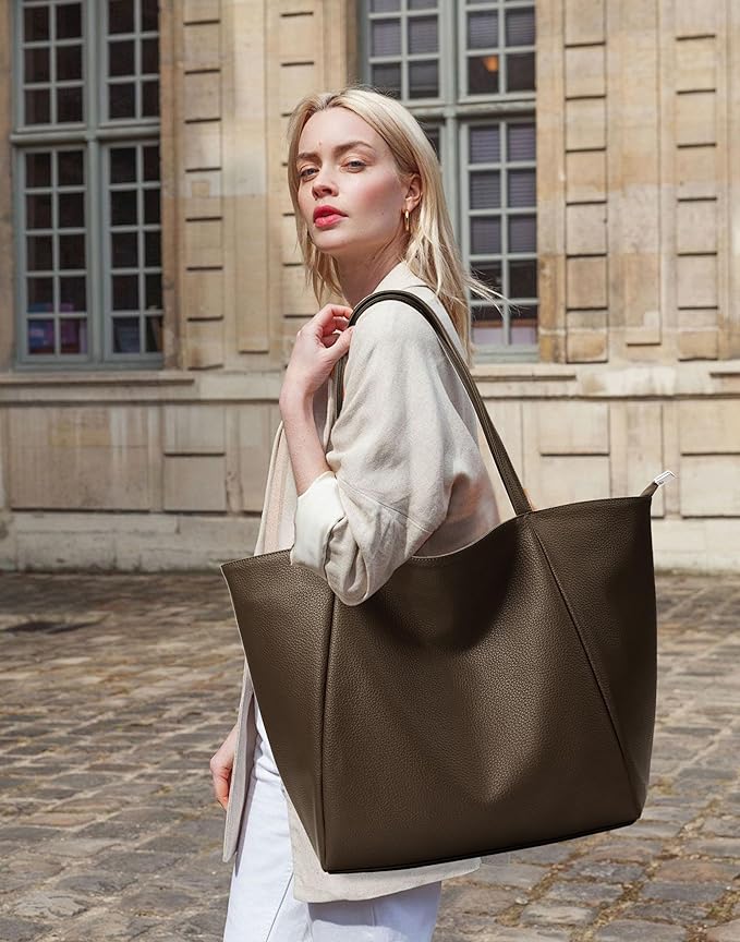 KALIDI Large Tote Bag Vegan Leather Casual Zipper Work Bag Weekender Hobo for Women 23L Oversize Shoulder Travel Purse