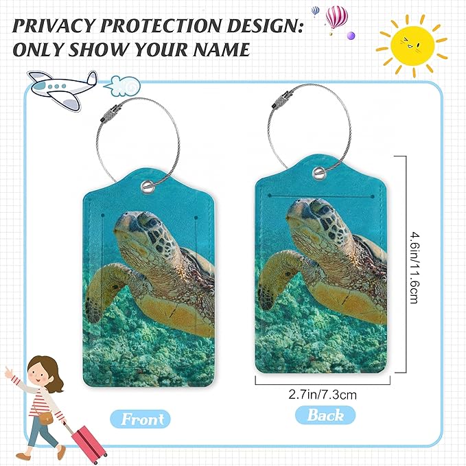 3 Pack Luggage Tag for Suitcase,Hawaiian Sea Turtle Leather Luggage Tags with Privacy Cover Name ID Label Identifiers Travel Bag Tags for Women Men Boys Girls