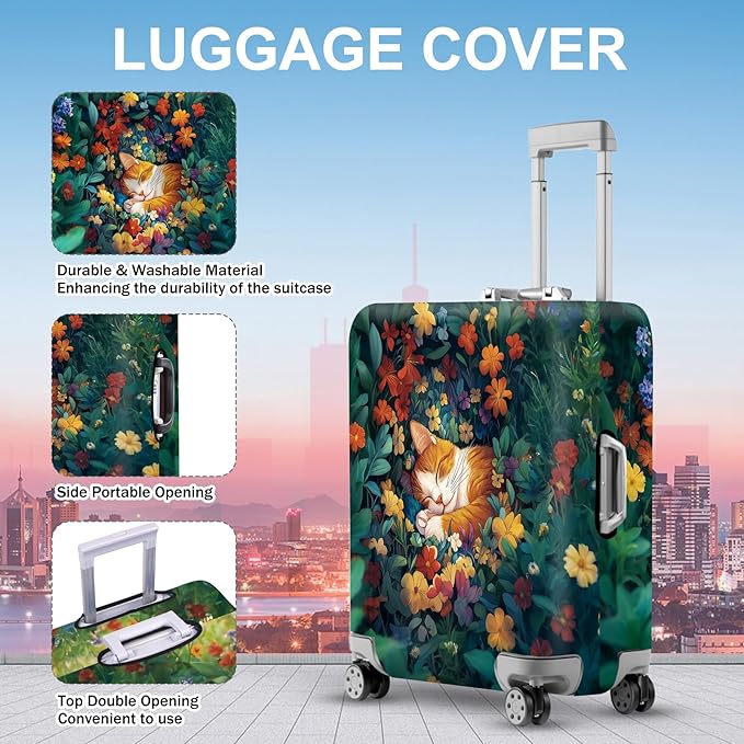 ANNA QUEEN Dreamy Cat Luggage Cover, Cat Sleeping in a Flower Field Design, Stretchable, Washable Travel Protector for 20-22 Inch Luggage