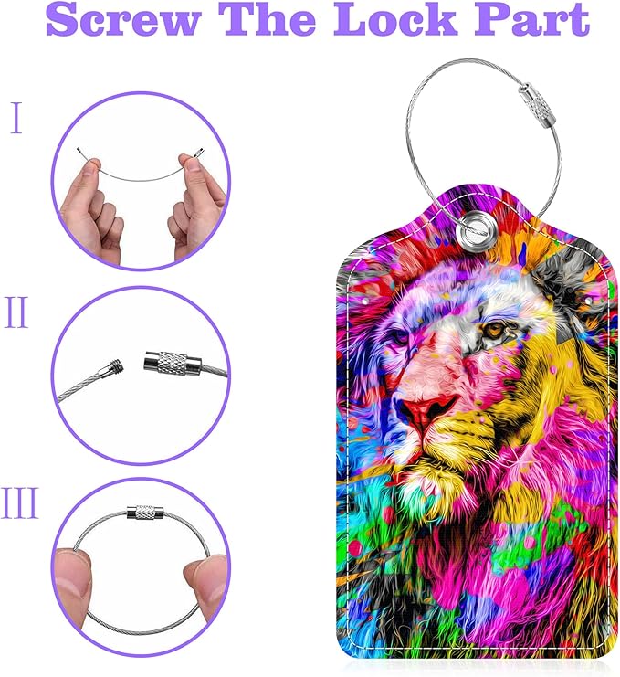 2 Pack Luggage Tags for Suitcase Colorful Abstract Lion Leather Stainless Steel Loop Label Tags for Women Men Travel Bag Suitcase with Privacy Cover Name ID Card