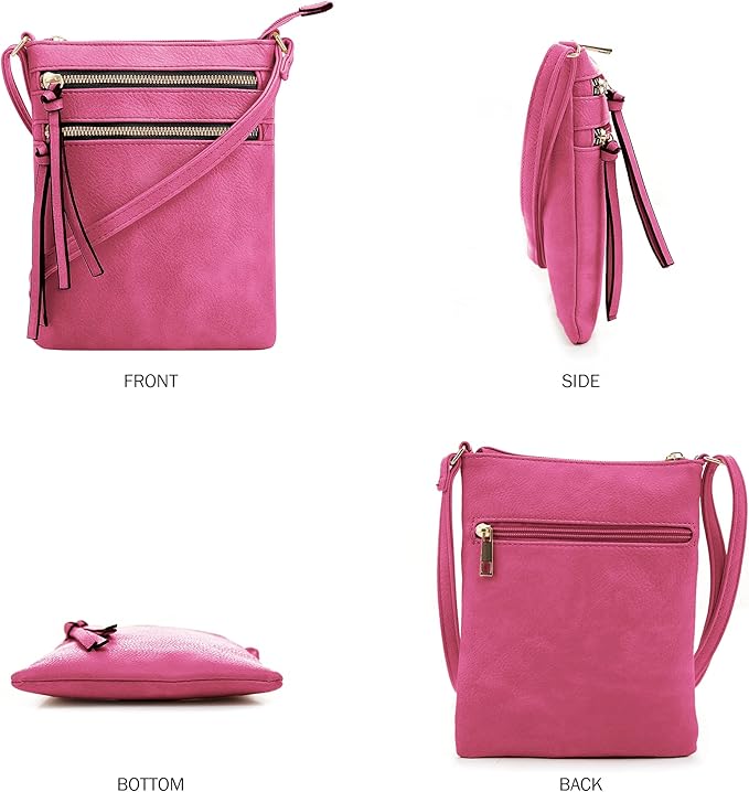 DELUXITY | Crossbody Purse Bag | Functional Multi Pocket Double Zipper Purse | Adjustable Strap | Medium Size Purse |Fuchsia