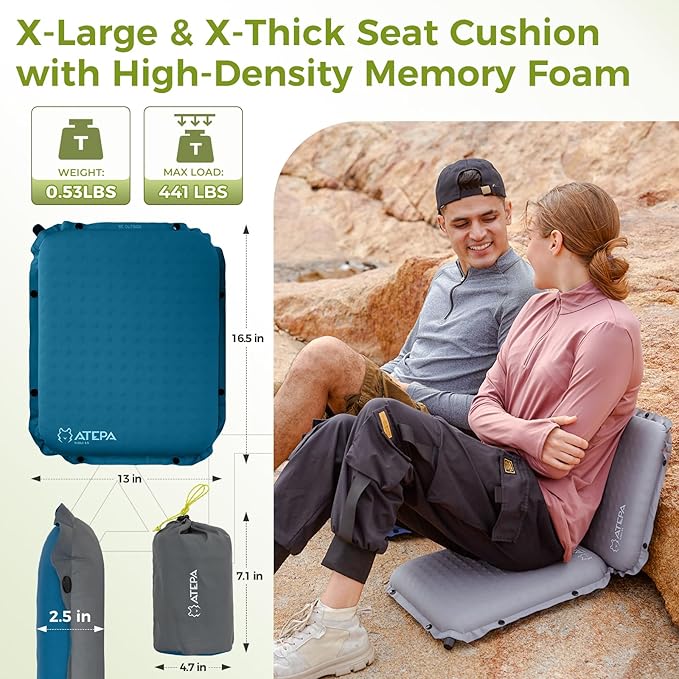 ATEPA Inflatable Stadium Seat Cushion, Self-Inflating Memory Foam Stadium Seats Bleacher Seat Chair Cushion Pad for Airplane Travel Backpacking Sports Events
