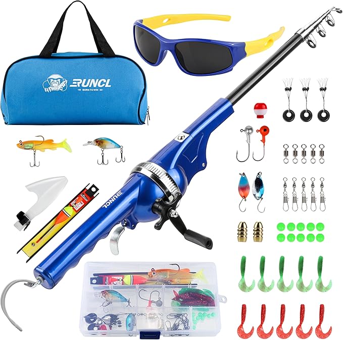 RUNCL Kids Fishing Pole - Portable Folding Fishing Rod and Reel Combo Kit with Spincast Fishing Reel, Kids Sunglasses, Tackle Box, Travel Bag, Gift for Youth