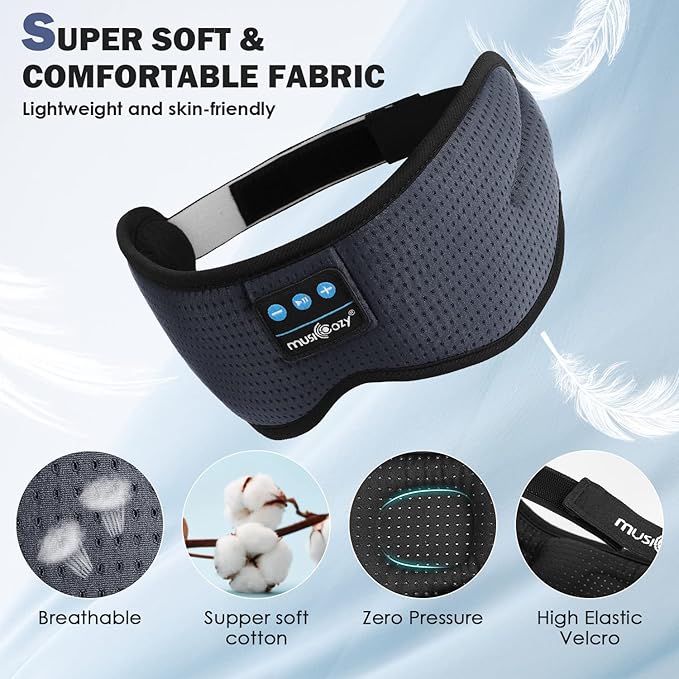 MUSICOZY White Noise Bluetooth Sleep Mask with 8 Soothing Sounds & 3D Wireless Sleep Headphones, Bluetooth Sleeping Headphones for Yoga Travel Office Relaxation, Tech Gadgets Gifts, Gray