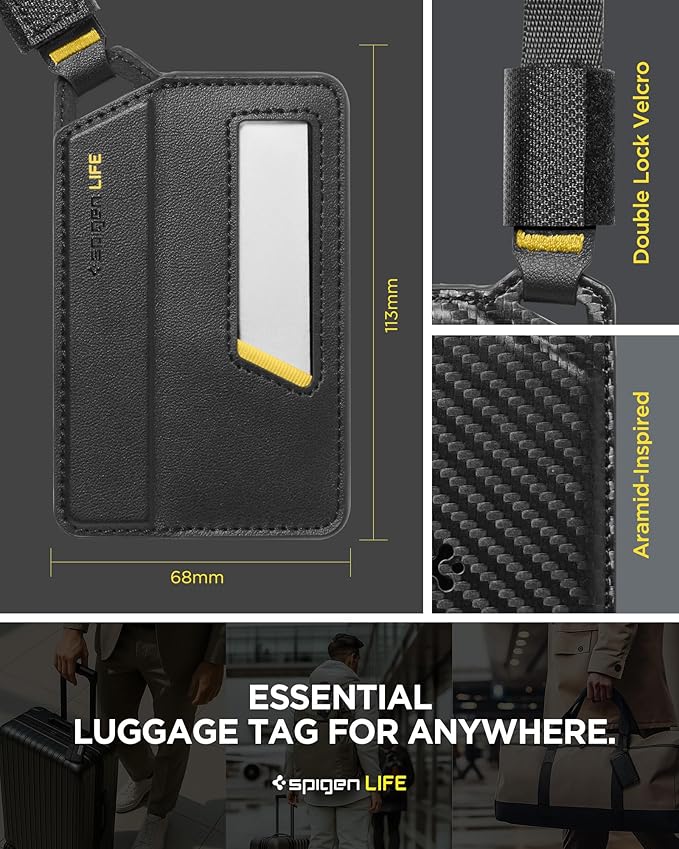 Spigen Life Luggage Tags Premium Velo Vegan Leather ID Label for Suitecase Travel Bag Accessories with Magnetic Closure Privacy Protection Design Durable Strap - Black (1 Pack)