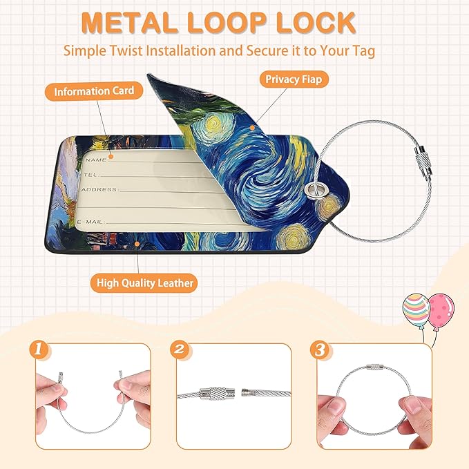 Starry Night Swirl 3 Pack PU Leahter Luggage Tag with Stainless Steel Loop, Retro Style Starry Village Travel Suitcase Labels with Privacy Cover ID Label Quickly Spot for Bags