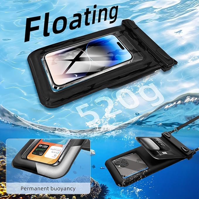 Waterproof Phone Pouch Double Pocket, Floating IPX8 8.5 inch Waterproof Phone Case for Beach Vacation Essentials for Compatible iPhone 16 15 14 Pro Max Galaxy S25 S24 Ultra Phone Pouch Black