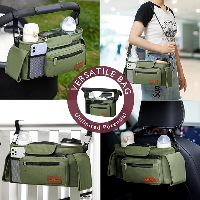 Momcozy Universal Baby Stroller Organizer, 2 Insulated Cup Holder, Detachable Zippered Pocket, Adjustable Shoulder Strap, Large capacity for baby essentials, Compact Design Fits Any Strollers