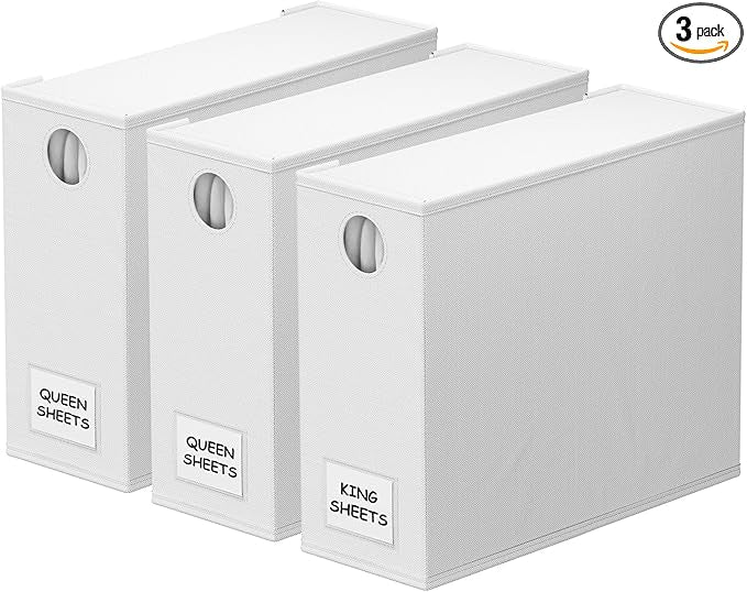 SpaceAid 3 Pack Bed Sheet Organizers and Storage, Foldable Sheet Organizer for Linen Closet, Sheets Set Folder Keeper with Window XL (Queen & King Size) Bedding Container (White, 3 Pack)