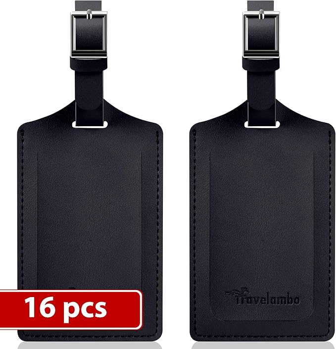 Travelambo Luggage Tags for Suitcases Faux Leather Privacy Protection 16 Pack Bag Tags Travel Accessories Essential, Black