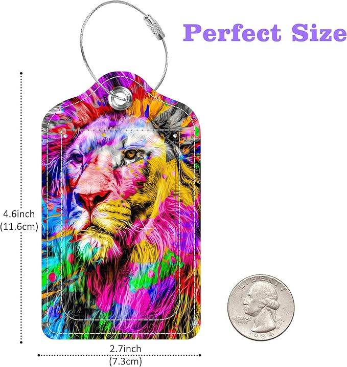 2 Pack Luggage Tags for Suitcase Colorful Abstract Lion Leather Stainless Steel Loop Label Tags for Women Men Travel Bag Suitcase with Privacy Cover Name ID Card