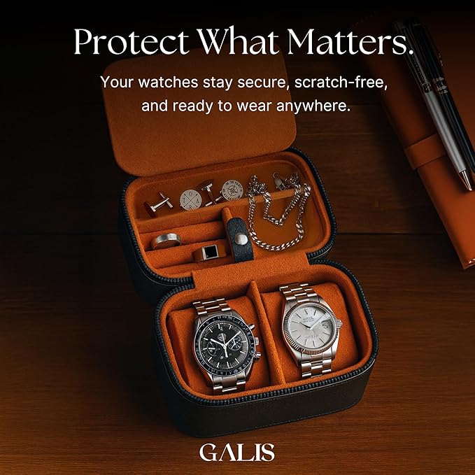 Galis Luxury Watch Case for Men High End Portable 2-Slot Watch Holder and Watch Case for Travel, Premium Watch Box for Men, Jewelry Storage Organizer, Gift for Him, Fathers, Husband (Black & Orange)
