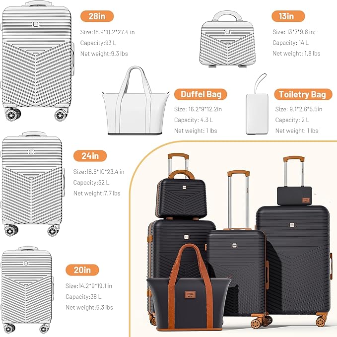 Hoteel 6 Piece Luggage Set (4-YEAR WARRANTY) with Spinner Wheels & TSA Lock, Carry on Luggage Hardshell ABS+PC, Travel Collection Suitcases Sets, Black(13/20/24/28",Travel Bag,Cosmetic Bag)