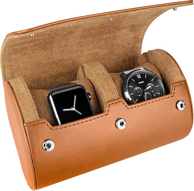 Barton Leather Watch Roll for 2 Watches | Convenient Organizer Case for Travel & Storage | Fits Classic & Smart Watches (Up to 46mm) | Compact, Durable, Lightweight, Stylish - Brown