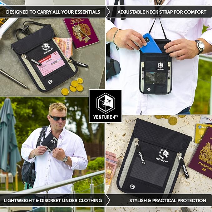 VENTURE 4TH Passport Holder Neck Wallet with RFID Blocking Nylon Lining - Hidden Neck Pouch for Travel (Black)