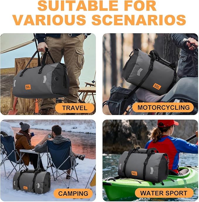 Waterproof Duffel Bag, 50L Roll-top Motorcycle Dry Bag with Air Valve & Quick-fixed Straps, Travel Duffle Bags for Kayaking Paddle Boarding Rafting Boating Camping Riding Fishing - Grey