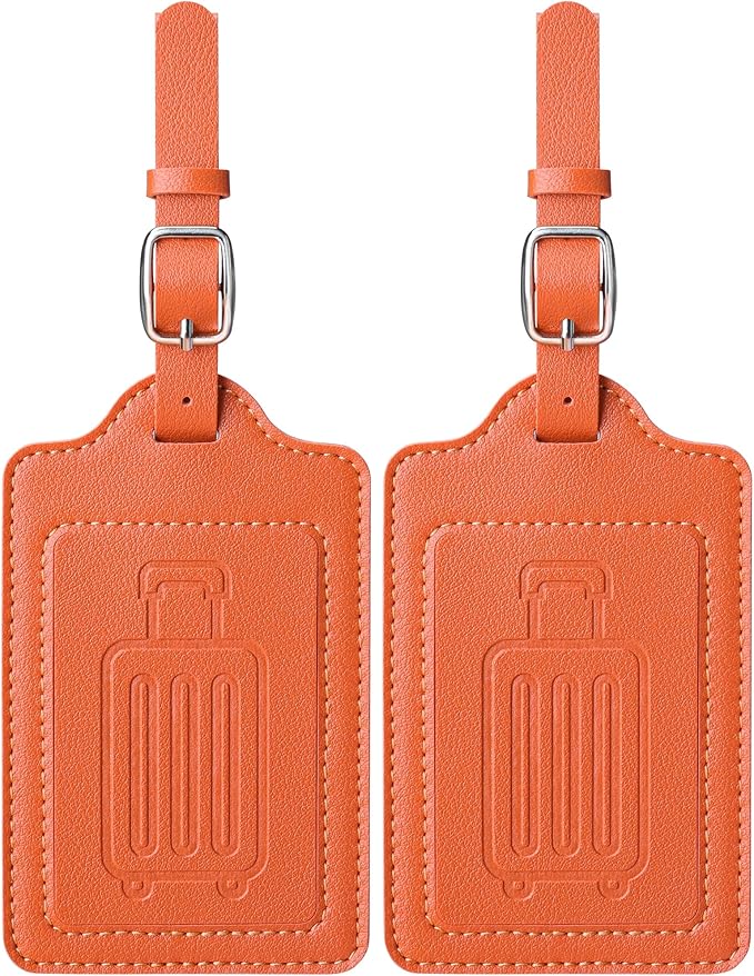 Teskyer Luggage Tags for Suitcases, TSA Approved with Privacy Protection Cover, Premium Faux Leather Bag Tags for Travel - 2 Pack, Orange