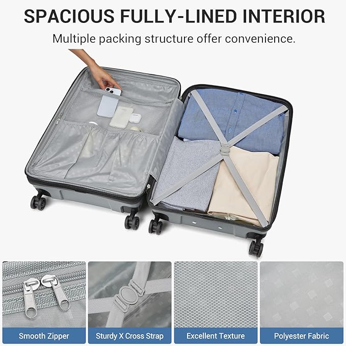 Kono 20 Inch Expandable Carry On Luggage with Spinner Wheels, Durable Hardside Luggage with Hidden Cup Holder, Lightweight Hard Shell Carry On Suitcase Airline Approved with TSA Lock(Light Grey)