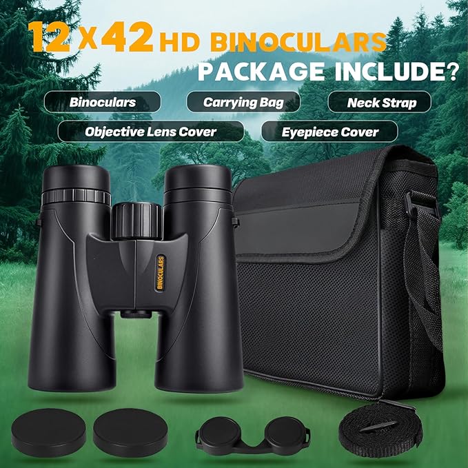 Binoculars for Adults High Powered – 12X42 HD Compact Binoculars for Bird Watching, Hunting Gear, Cruise & Beach Vacations Essential, Camping & Travel Essential Accessories (Black)