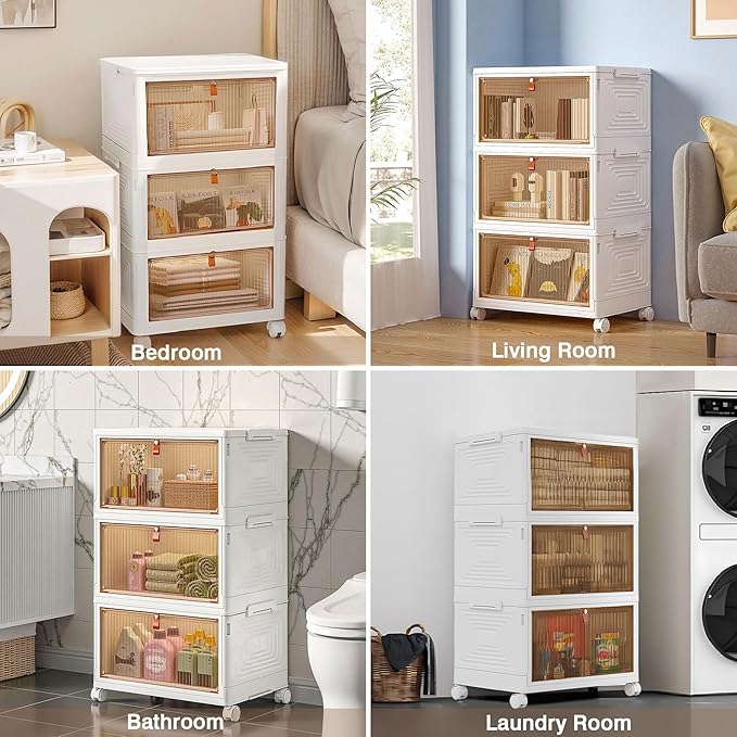 VECELO 3 Tier Stackable Storage Boxes with Magnetic Doors & Wheels, Foldable Storage Containers, 23 QT Closet Organizers for Living Room, Office, Dorm