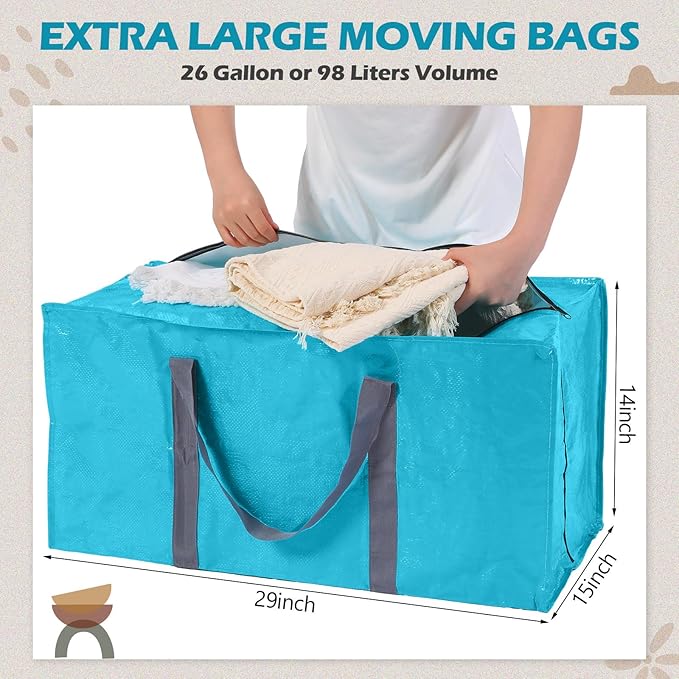 8 Pack Extra Large Moving Bags Heavy Duty Packing Bags with Extra Long Handles and Zippers Storage Totes for College Students Room Dorm Essentials Packing Supplies(Blue)