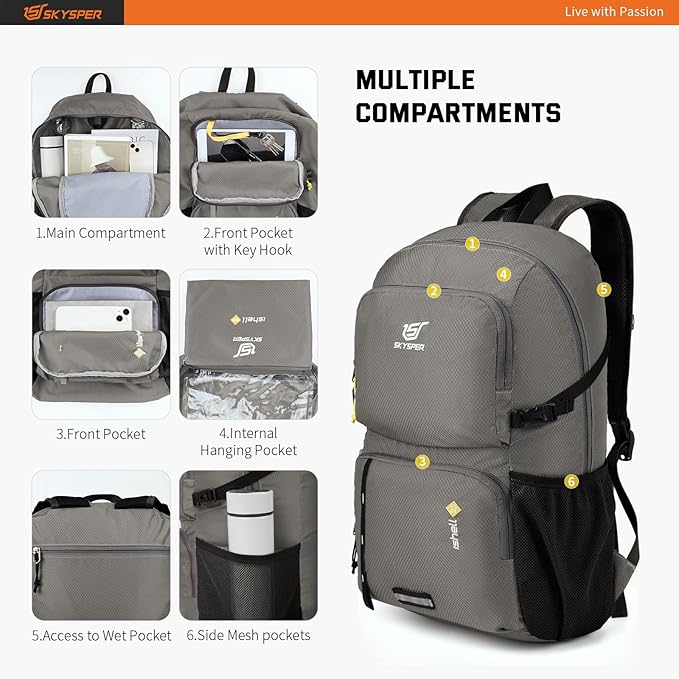 SKYSPER Lightweight Packable Backpack - 30L Hiking Daypack with Wet Pocket Foldable Travel Carry-on Backpack for Women Men