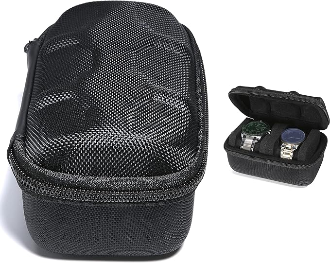 Hard Compact Watch Roll travel case, 2 Slots Portable holder and Organizer with Soft Pillow, keep watch from moving(fit up to 55 mm)