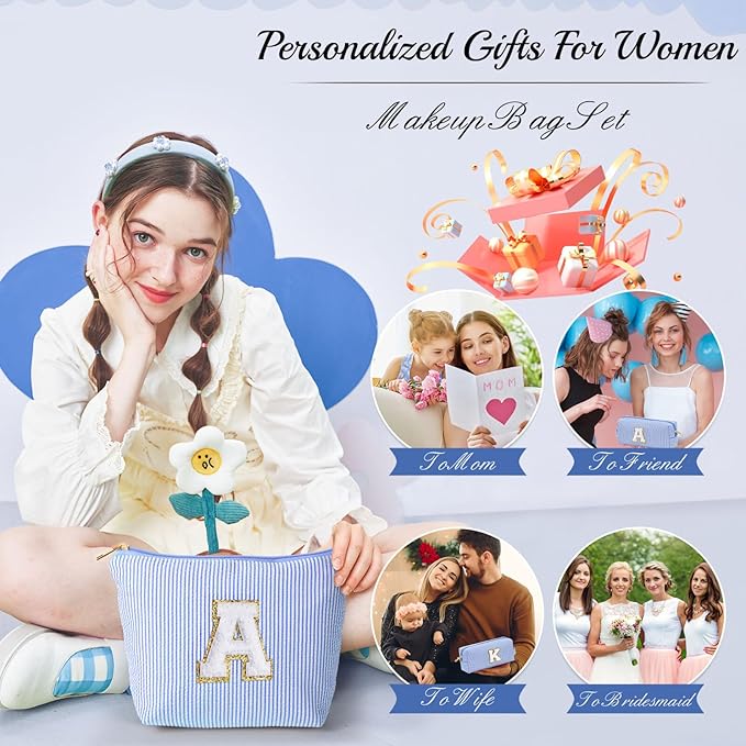YOOLIFE Initial Makeup Bag |Teen Girl Gifts Trendy Stuff for Girls | Travel Makeup Bag for Girls Gifts | Gifts for 3 4 5 6 7 8 9 10 11 12 13 Year Old Girls | Christmas Gifts for Girls Teen Girl Blue K