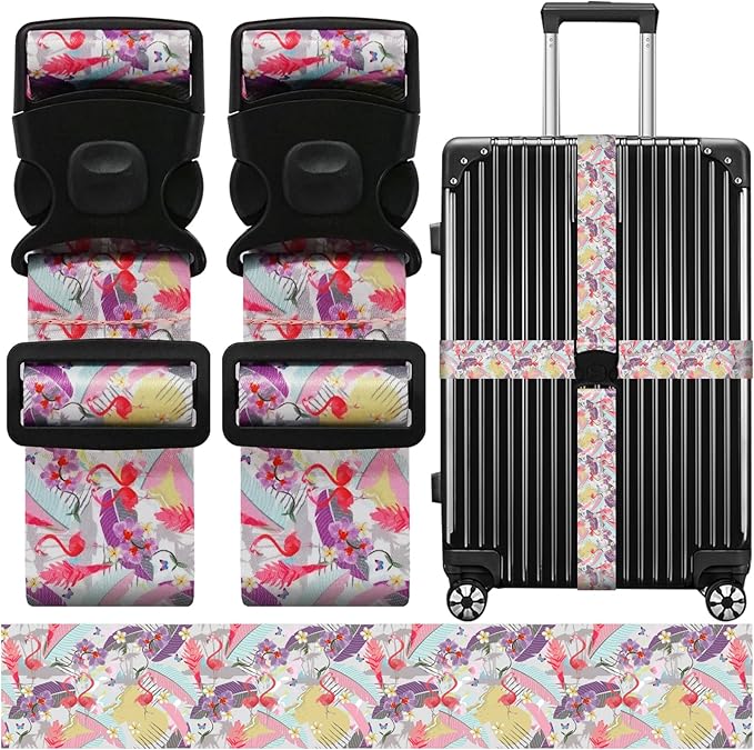 Luggage Straps for Suitcases, Travel Adjustable Belt with Quick Release Buckle, Heavy Duty Nylon Bag Packing Strap, Unique Bright Identifiers Business Travel Accessories (2 Pack) - Flamingo