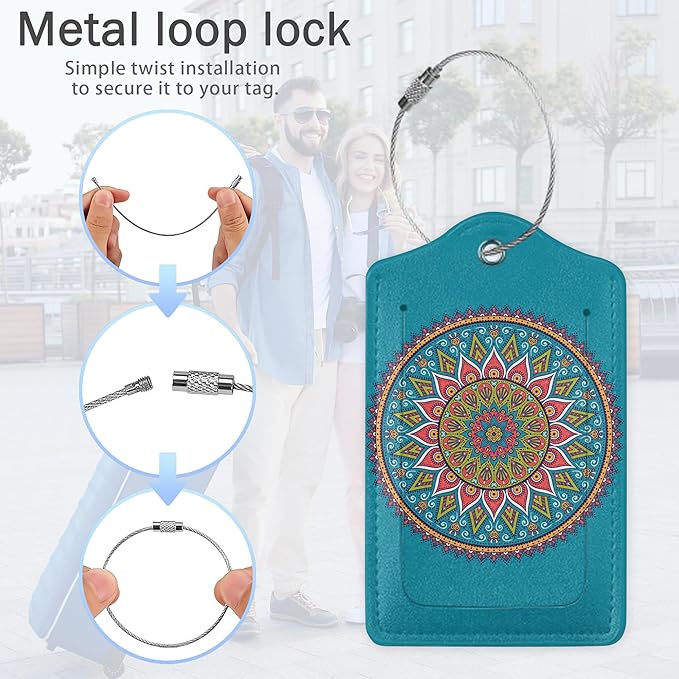 Luggage Tags for Suitcase,Flower Mandala Luggage Tags of Set 2 Leather Identifiers Privacy Cover with Stainless Steel Loop for Women Men Travel Bag Suitcase