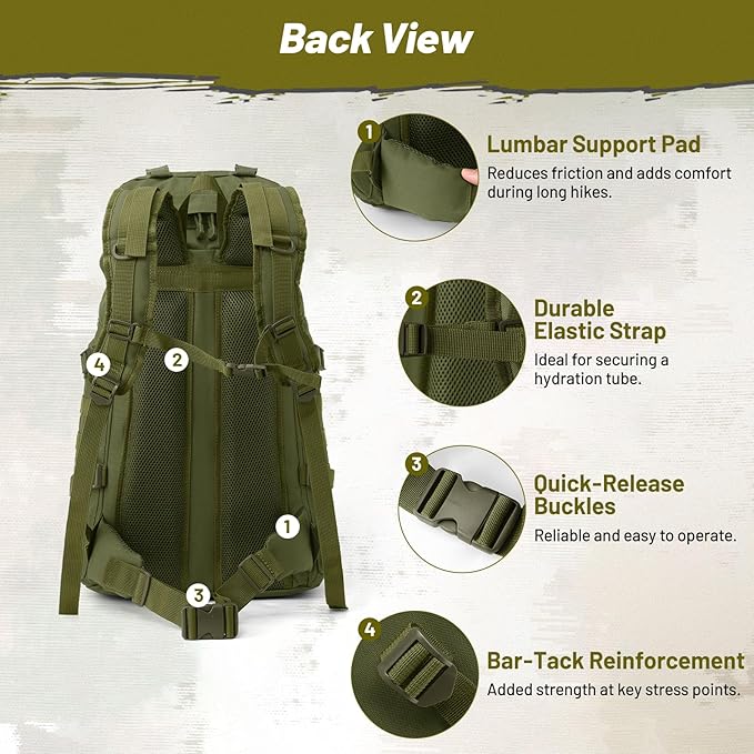 50L Tactical Backpack for Men and Women, Water-Resistant Molle Rucksack, Large Military Assault Pack for Hiking, Hunting, Camping, Gym & Outdoor Survival Green
