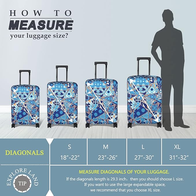 Explore Land Travel Luggage Cover Suitcase Protector Fits 23-26 Inch Case (Portuguese tiles, M)