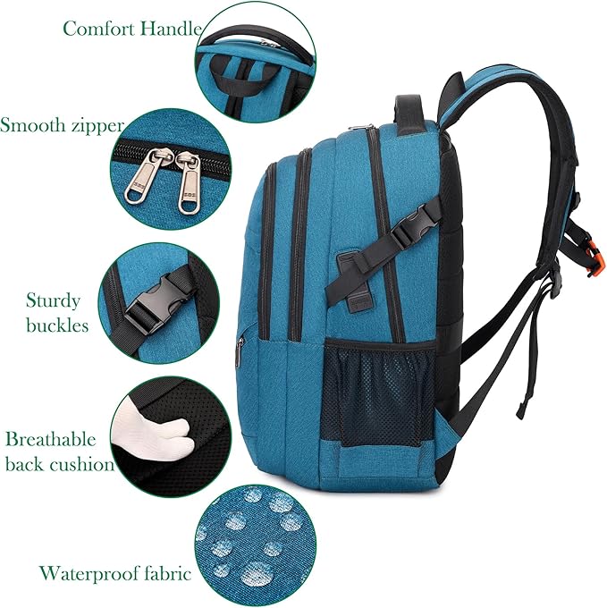 FENGDONG 17.3 inch Large Laptop Backpack Durable Waterproof Travel College Backpack Bookbag for Men & Women Business Backpack with USB Charging Port and Headset Port Light Teal