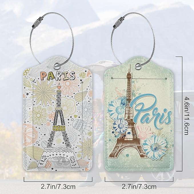2 Pack Funny Luggage Tags with for Suitcases, Vintage Eiffel Towe Paris PU Leather Luggage Tag Accessories Privacy Cover ID Label with Stainless Steel Loop for Travel Bag for Women Girls Teens