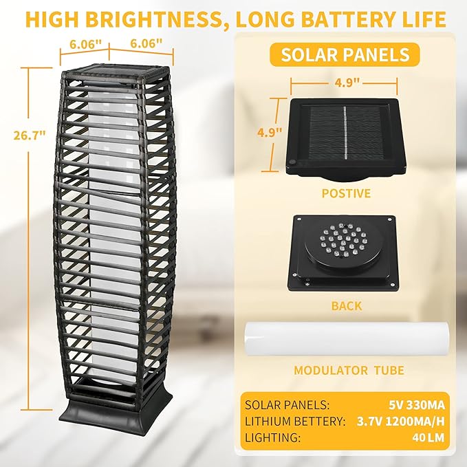 Solar Floor Lamp, Outdoor Floor Lamp, Solar Lanterns Outdoor Waterproof, Solar Powered Resin Wicker Outdoor Solar Lamp,Weather-Resistant Rattan Deck Light for Porch, Garden, Patio, Deck