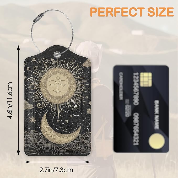 Vintage Boho Sun and Moon 3 PCS Luggage Tags, Leather Suitcase Tags with Privacy Cover Name Address Labels and Durable Steel Loop for Men/Women Travel Bag Suitcases