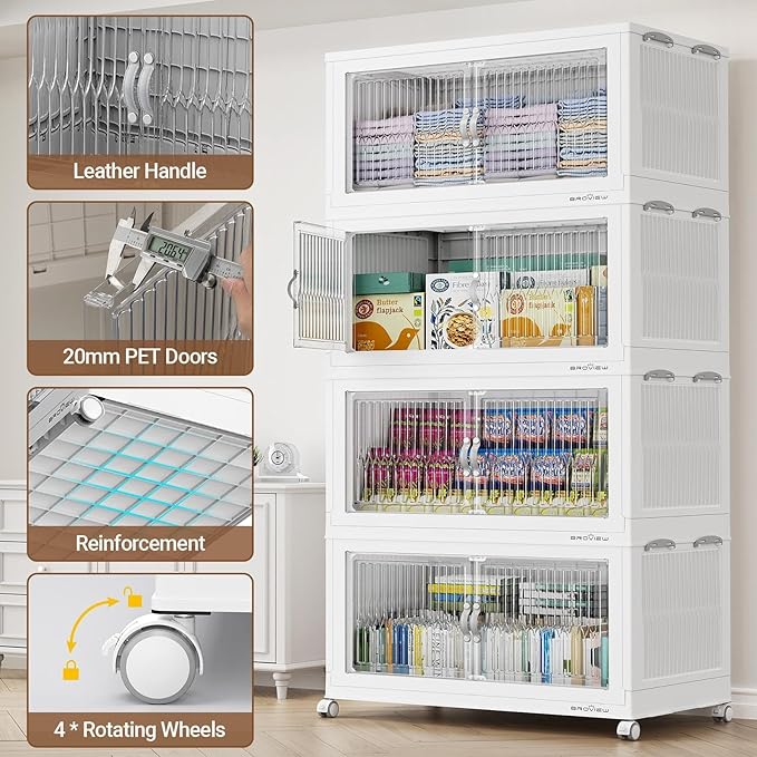 BROVIEW 600Qt Extra Large Stackable Storage Bins with Lid, Closet Organizer Collapsible Drawer Boxes with Wheels, Folding Plastic Cabinet Containers for Home Kitchen Room Organization, 3Pack White
