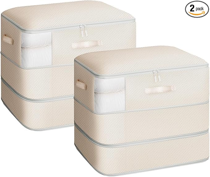 2 Pack Compression Storage Bags - 110L Large Capacity Comforter Storage Bag, 3-Layer Washable Ultra Space Saving Self Compression Organizer Space Bags for Blankets, Sweaters, Sheets, Beige