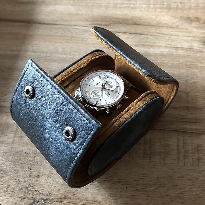 Longjet Watch Roll Travel Case for Men Portable Watches Organizer Box with Removable Velvet Pillow Holder (1 Slot Blue Grey)
