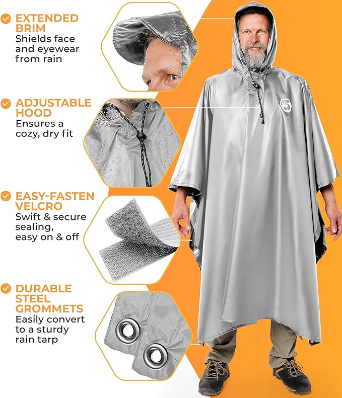 Foxelli Rain Poncho for Adults – Extra Long Reusable Waterproof Raincoat with Hood, Lightweight for Hiking, Camping, Outdoors