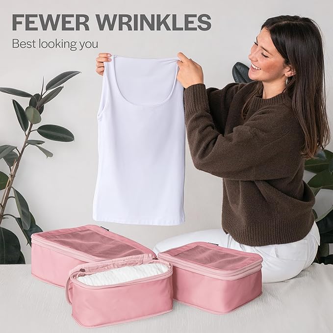Compression Packing Cubes for Travel - Luggage Organizer Bags - Double Zipper Packing Cubes for Suitcases (2-Pack, Rose)