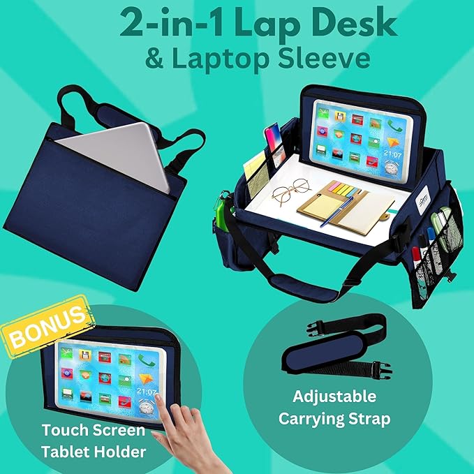 Travel Lap Desk, Travel Tray, Portable Lapdesk for Car, Remote Work, Road Trips, School, Laptop Pad with Storage Pocket, Tablet Holder, Shoulder Strap, Fits up to 15.6-Inch Laptop (Navy)