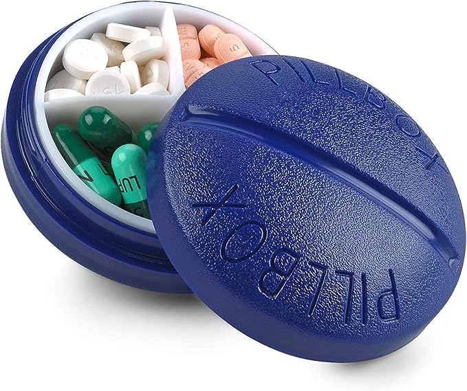 Pill Box Round for Travel - Mini Compact Portable 4 Compartment Pills Case Organizer, Vitamin and Medication Dispenser Holder for Up to 4 Times A Day, BPA Free Pill Reminder by MEDca