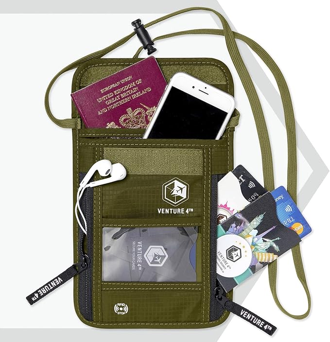 VENTURE 4TH Passport Holder Neck Wallet with RFID Blocking Nylon Lining - Hidden Neck Pouch for Travel (Green)