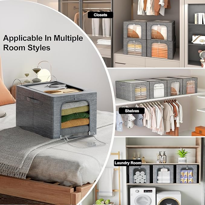 GoMaihe Clothes Storage Bins Metal Frame: 3-Pack Compact Stackable Closet Storage Bin with Lid & Clear Window, Space Saving Organizer for Sweaters Kids Clothes (Dorm/Closet 27L)