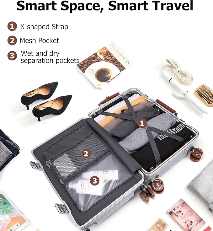 feilario 20" Aluminum Frame Wide Handle Hard Shell Carry On Suitcase - Vivid Colors Double Spinner Wheels Airline Approved Rolling Luggage with TSA Lock & Cup Holder (Silver, 20in)