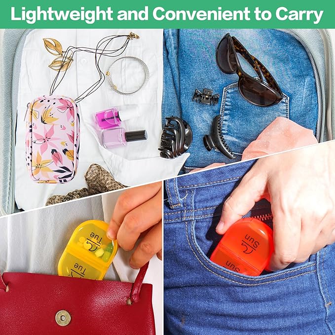Serfeymi Weekly Travel Pill Organizer 2 Times A Day AM PM Upgraded Rainbow Pill Box 7 Day with Portable Zipper PU Leather Pill Case, Medicine Organizer for Pills, Vitamins, Fish Oils - Pink 03