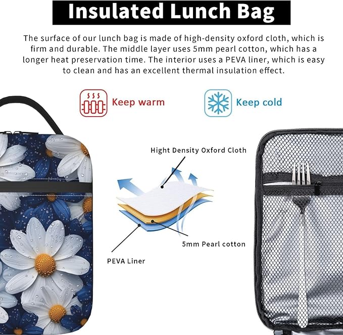 Daisy Insulated Lunch Box for Women Men Daisy Lunch Bag for Travel,or Fishing Polyester Daisy Lunch Box